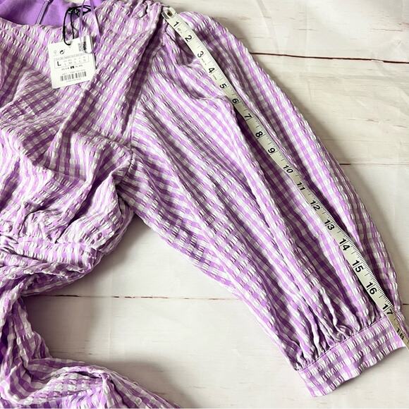 Zara Women's Blogger Style Lilac Gingham Pattern Rushed Side  Mini Dress Sz L - Picture 3 of 16